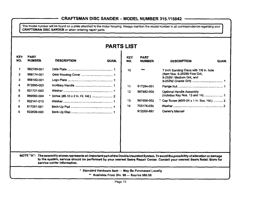 Craftsman 315.115042 owner manual Craftsman Disc Sander Model Number, KEY Part Number Description Quan 