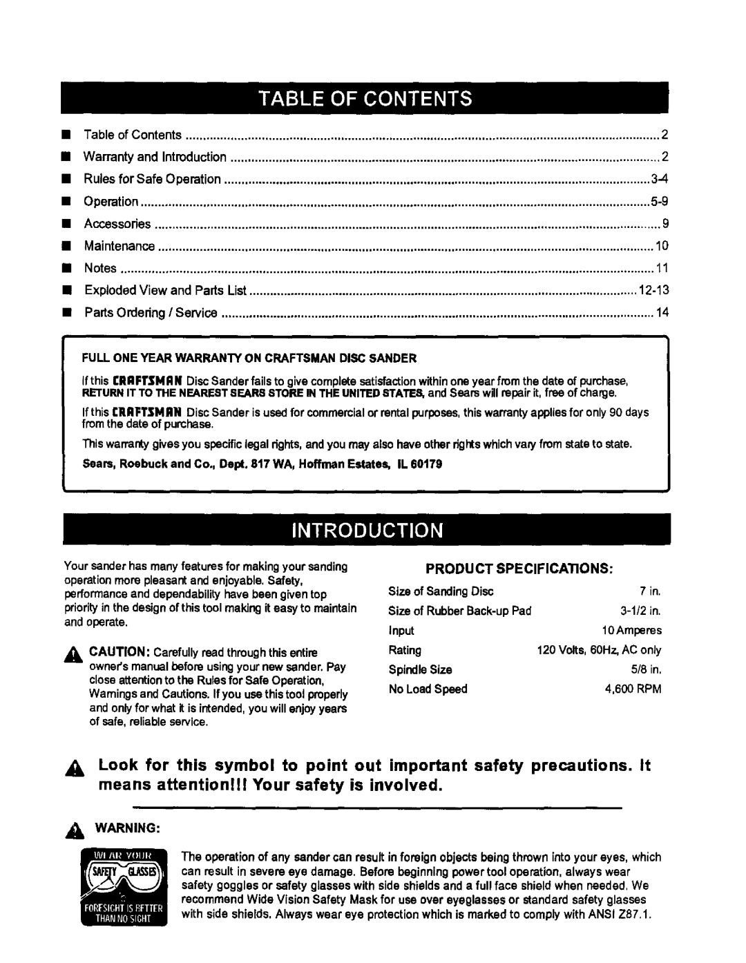 Craftsman 315.115042 owner manual Product Specifications, Full ONE Year Warranty on Craftsman Disc Sander 