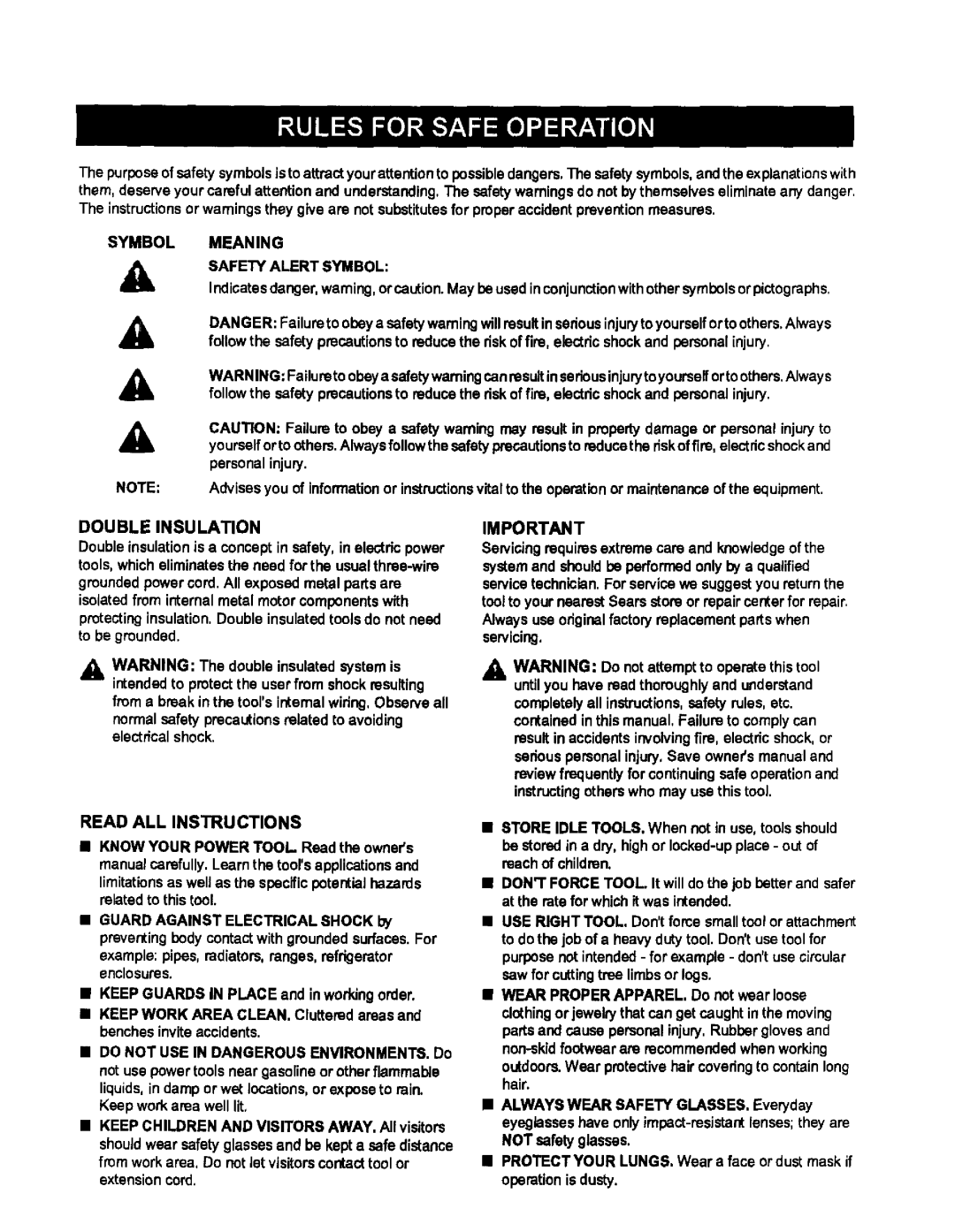 Craftsman 315.115042 owner manual Read ALL Instructions, Symbol Meaning Safety Alert Symbol, Double Insulation 