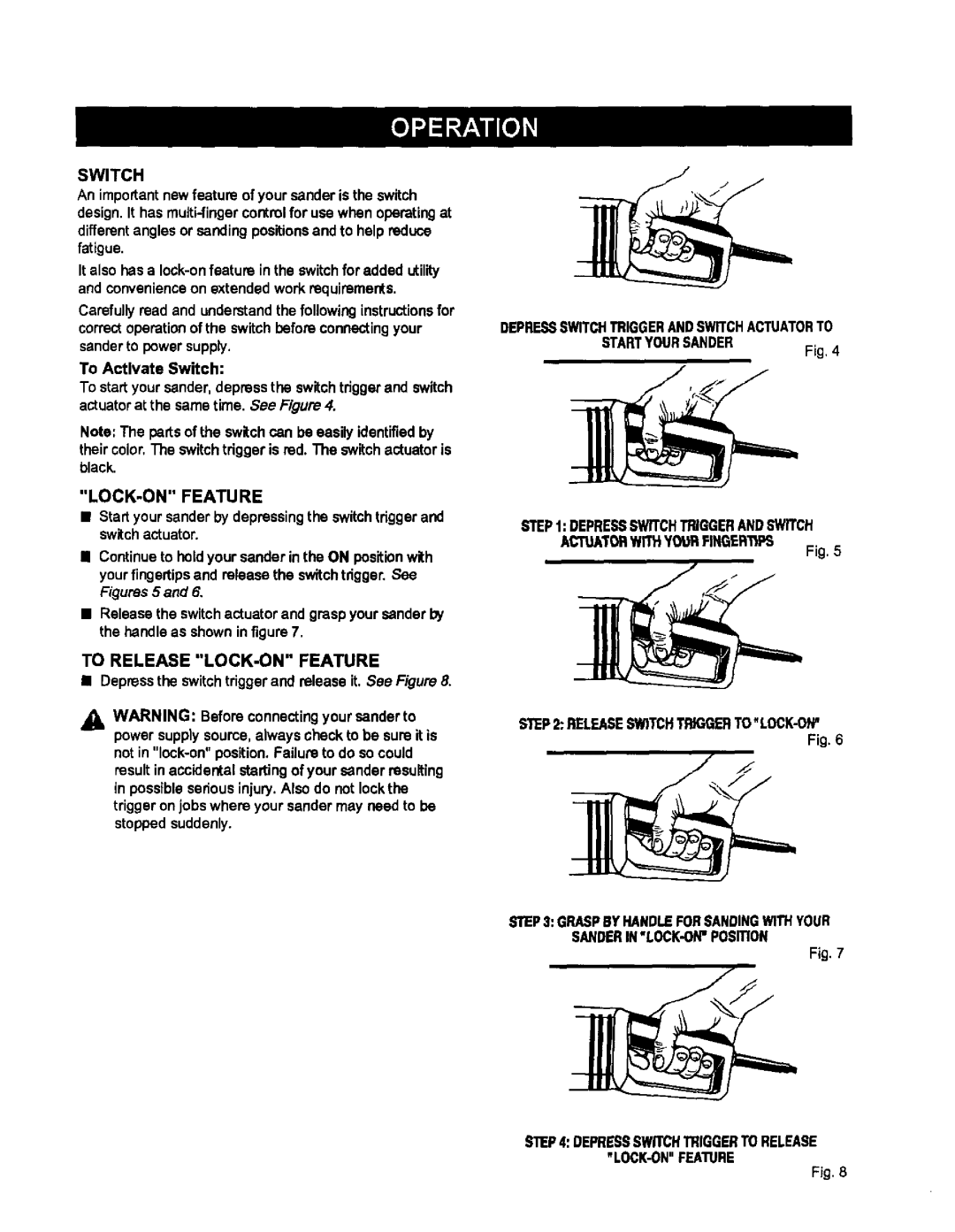 Craftsman 315.115042 owner manual To Release LOCK-ON Feature, Depressswitchtriggerandswitchactuatorto 