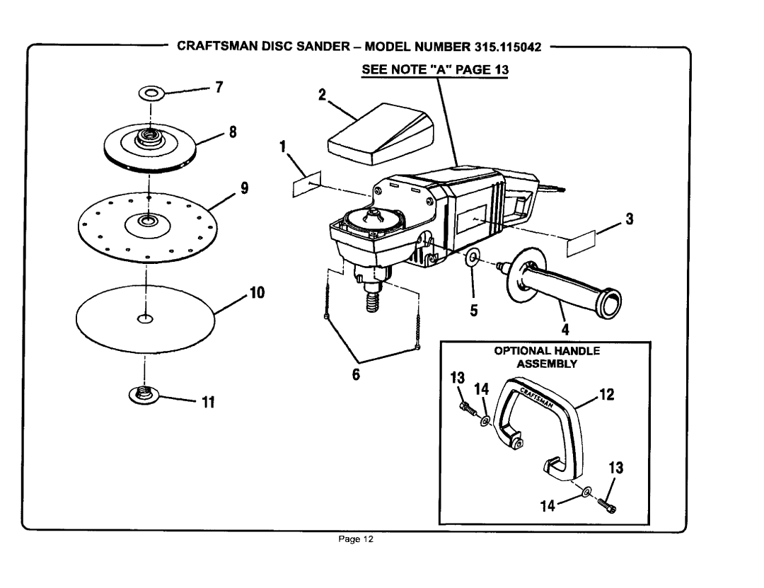 Craftsman 315.115042 owner manual Craftsman Disc Sander- Model Number See Note A Page, Optional Handle, Assembly, Page12 