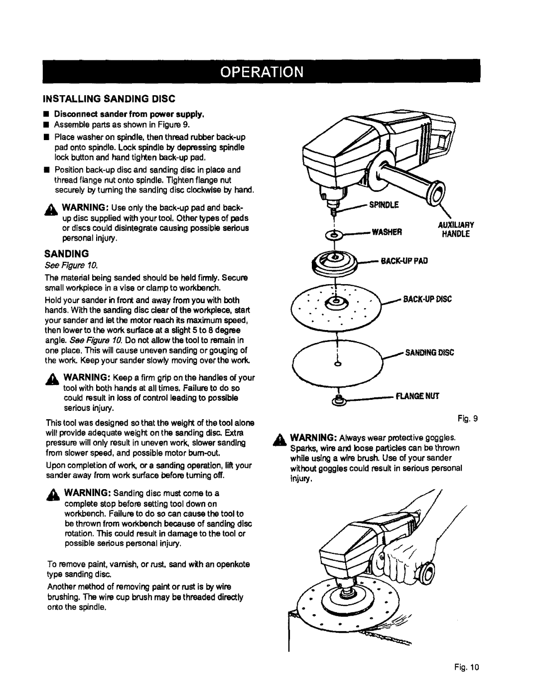 Craftsman 315.115042 owner manual AUXILLeIRY, INSTALLING SANDING DISC Disconnect sanderfrom power supply, See Figure 
