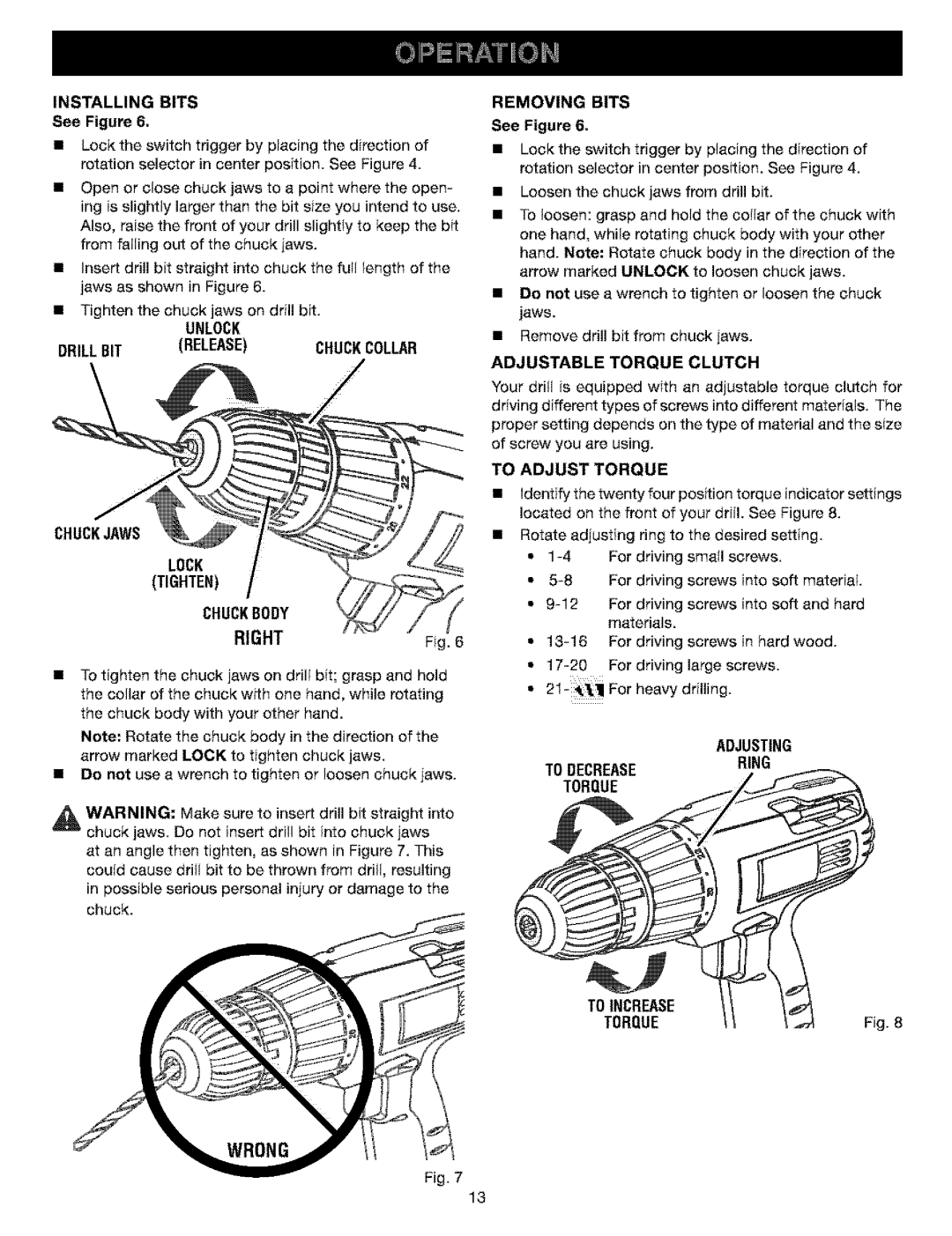 Craftsman 315.11521 Unlock Drillbit Release Chuckcollar Chuckjaws, Removing Bits, Adjustable Torque Clutch, Adjusting 