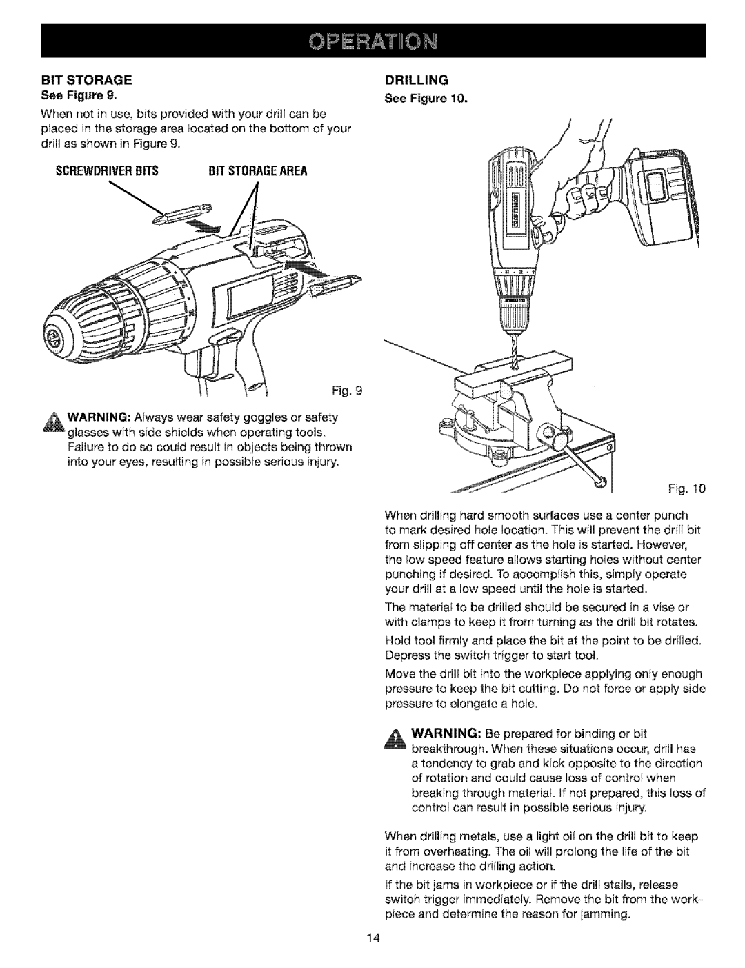 Craftsman 315.11521 manual Screwdriverbits BIT Storagearea Drilling 