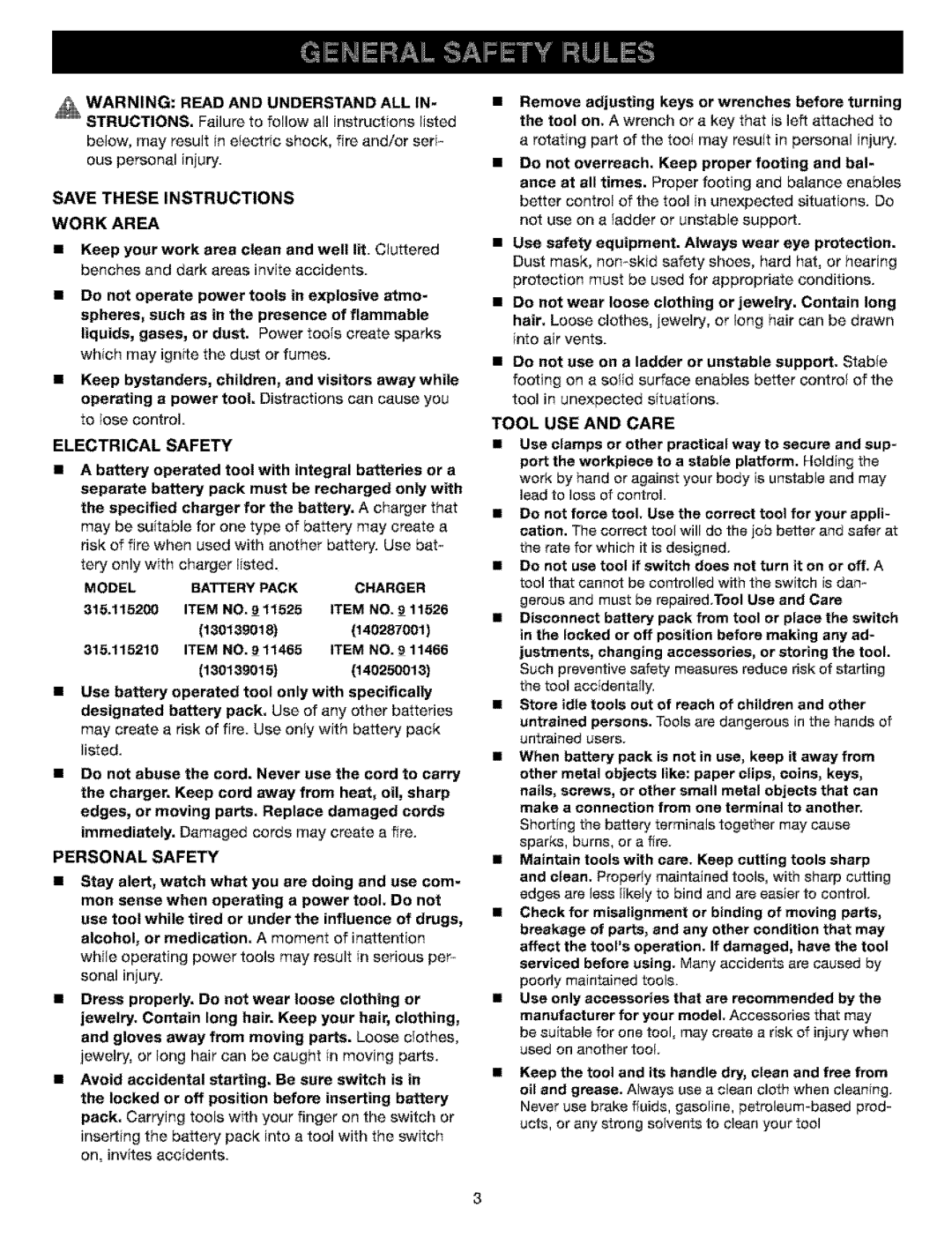 Craftsman 315.11521 manual Work Area, Electrical Safety, Personal Safety, Tooluseand Care 