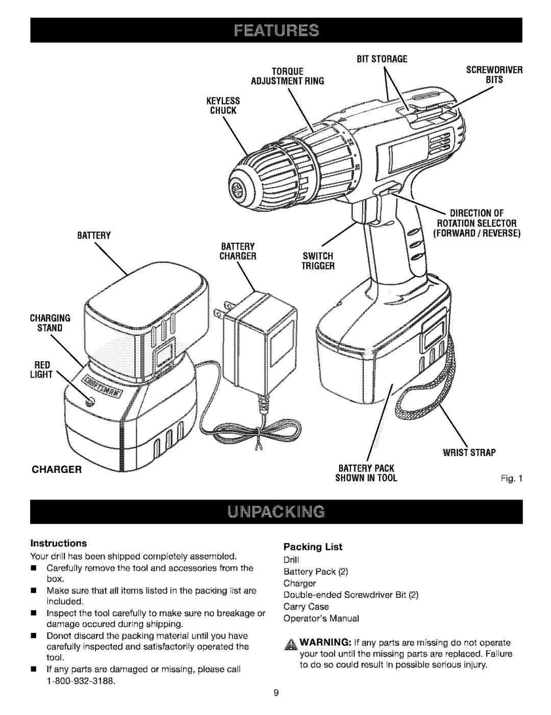 Craftsman 315.11521 manual Battery Charging Stand RED, Charger, Instructions, Packing List 