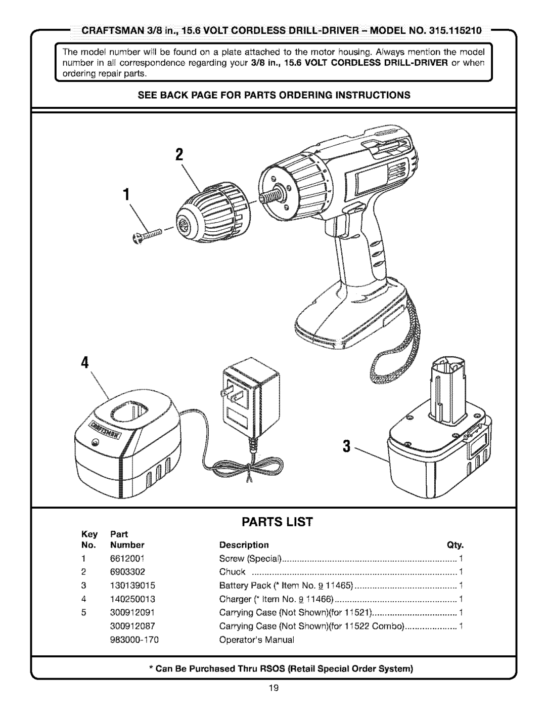 Craftsman 315.11521 manual Parts List, See Back Page For Parts Ordering Instructions, Number, Description 