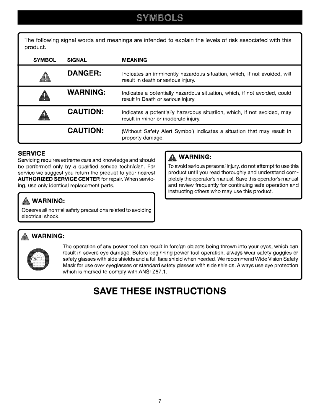 Craftsman 315.11521 manual Danger, Service, Symbol Signal, Meaning, Save These Instructions 