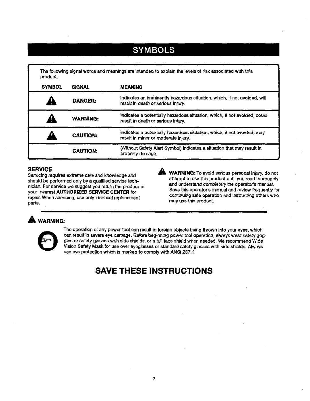 Craftsman 350, 315.11534 manual Symbol Signal Meaning, Service 