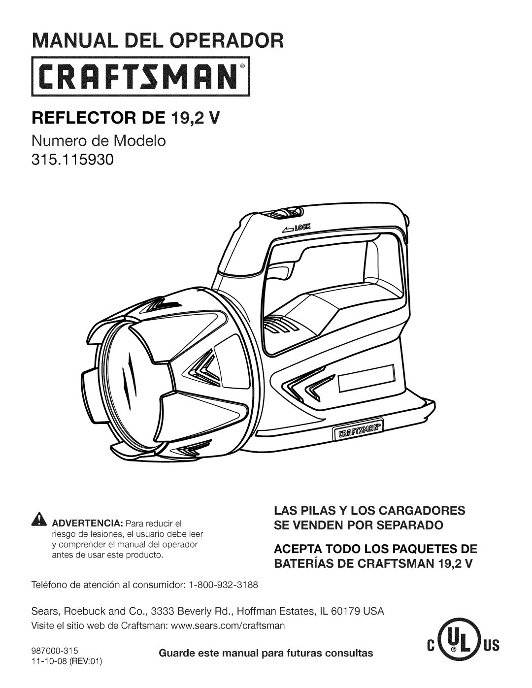 Craftsman 315.115930 manual Manual DEL Operador, Reflector DE 19,2 