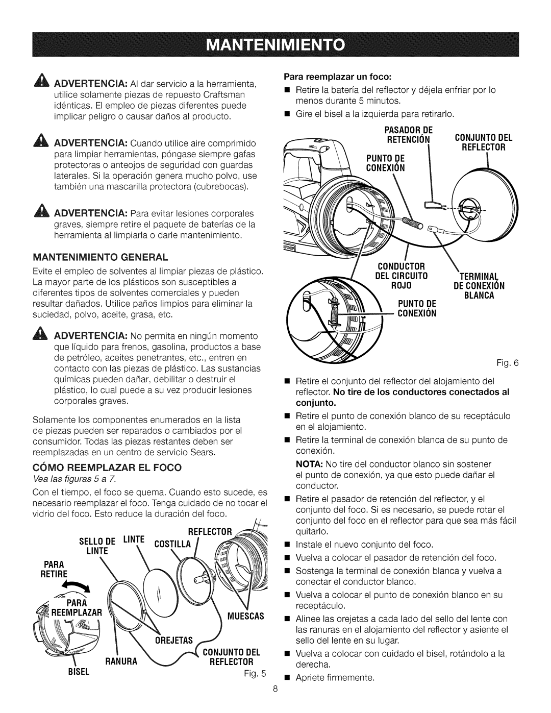 Craftsman 315.115930 manual Mantenimiento General, Retire, Reemplazarmuescas Conjuntodel Ranura Reflector Bisel 