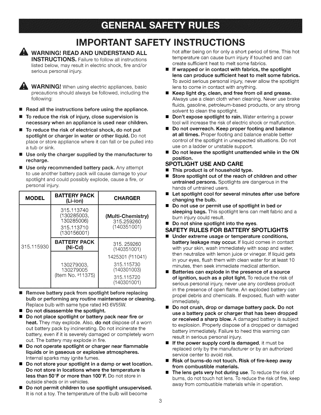 Craftsman 315.115930 manual Model Battery Pack Charger, Spotlight USE and Care, Safety Rules for Battery Spotlights 