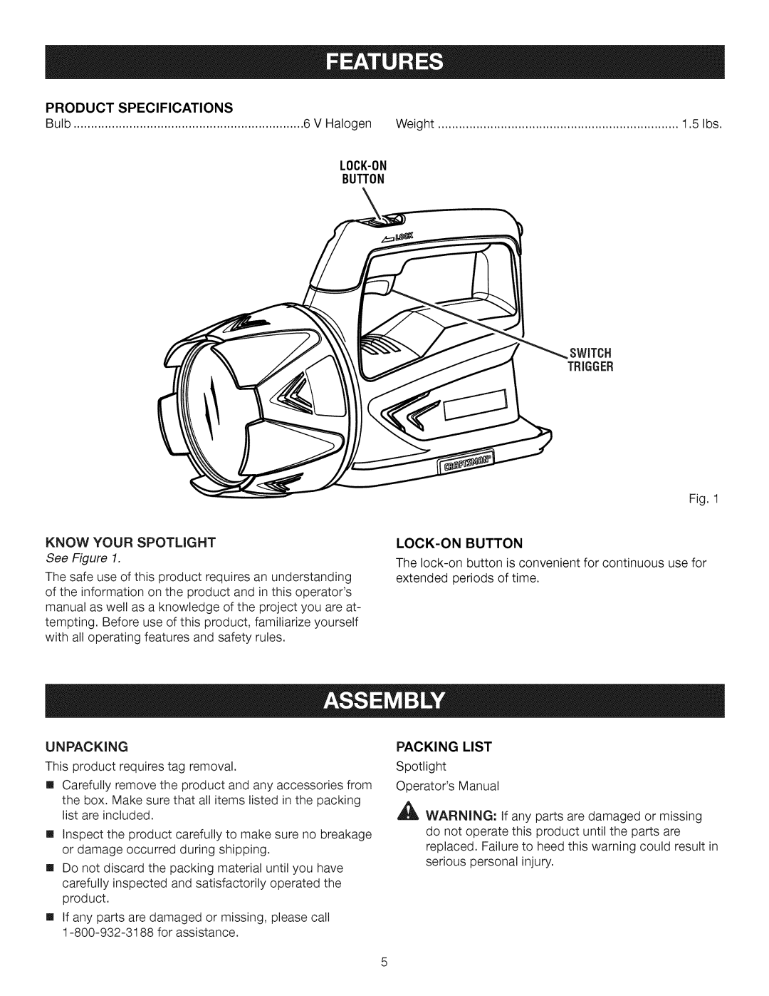 Craftsman 315.115930 manual Product Specifications, Button, See Figure 