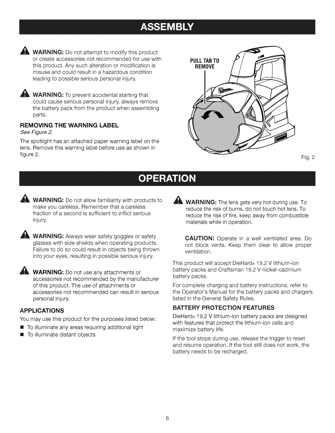 Craftsman 315.115930 manual Removing the Warning Label, Applications, Pulltabto Remove, Battery Protection Features 