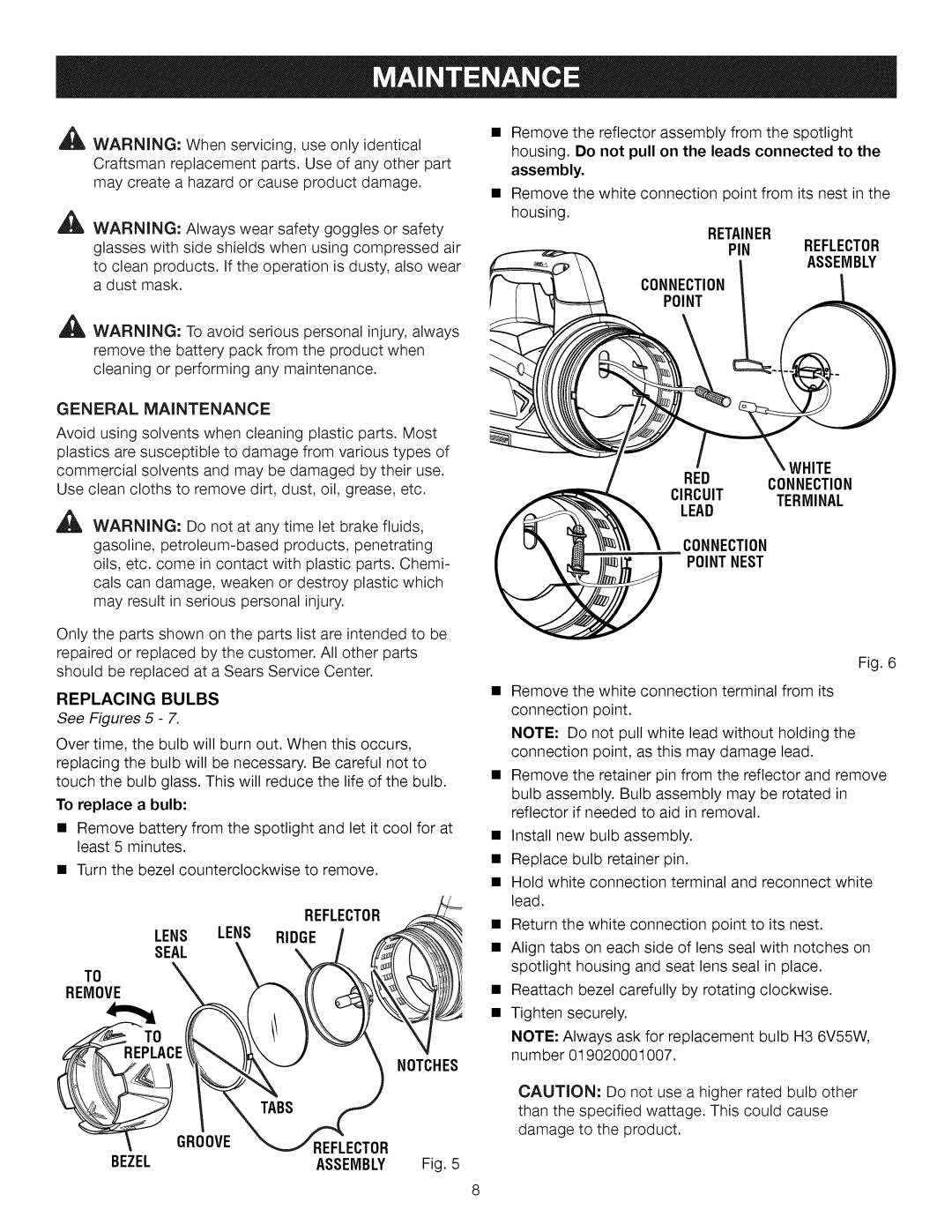 Craftsman 315.115930 Retainer PIN Reflector Assembly Connection, General Maintenance, Replacing Bulbs, Remove Replace 