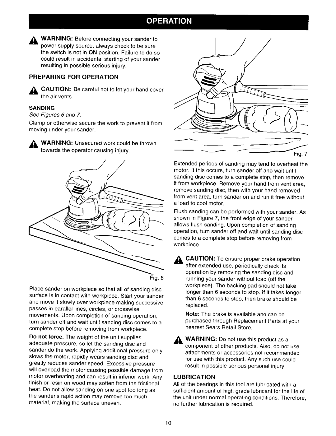 Craftsman 315.116211 owner manual Preparing for Operation, Sanding, See Figures 6, Lubrication 