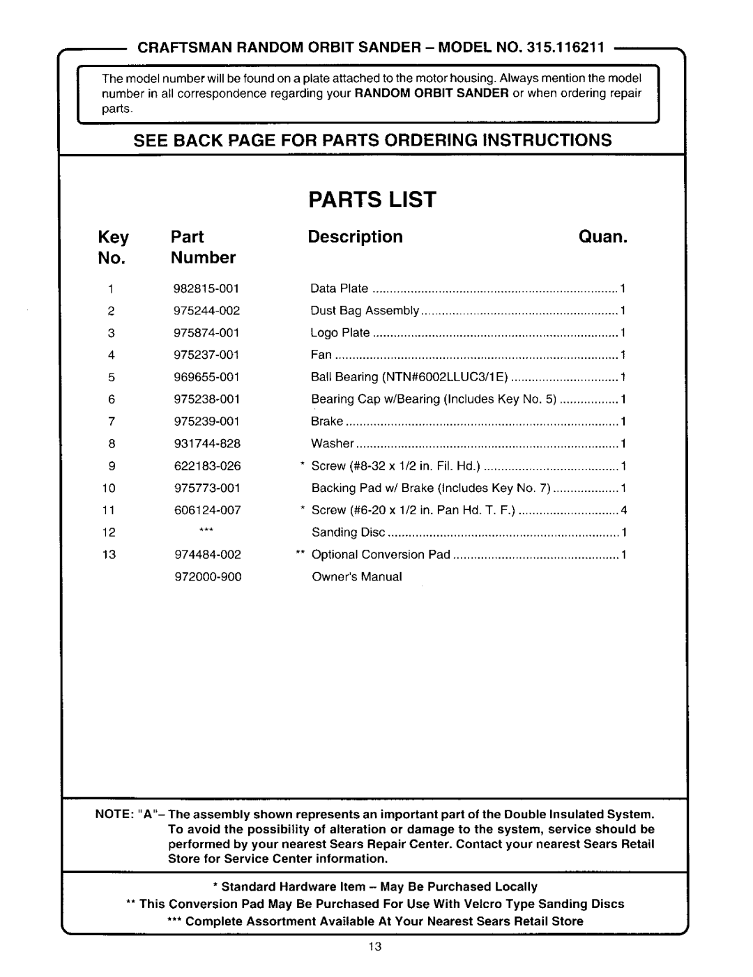 Craftsman 315.116211 owner manual Parts List 