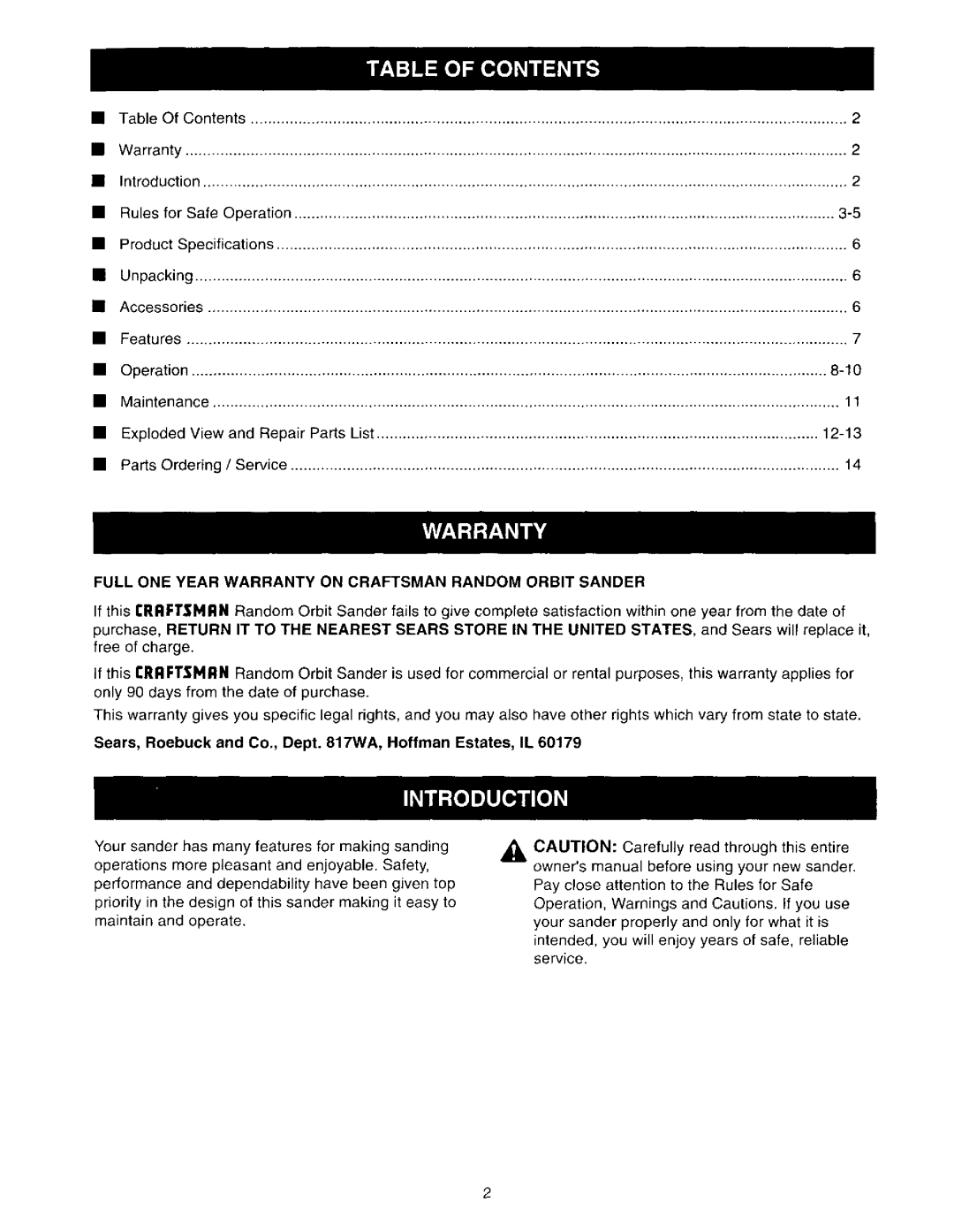 Craftsman 315.116211 owner manual Full ONE Year Warranty on Craftsman Random Orbit Sander 