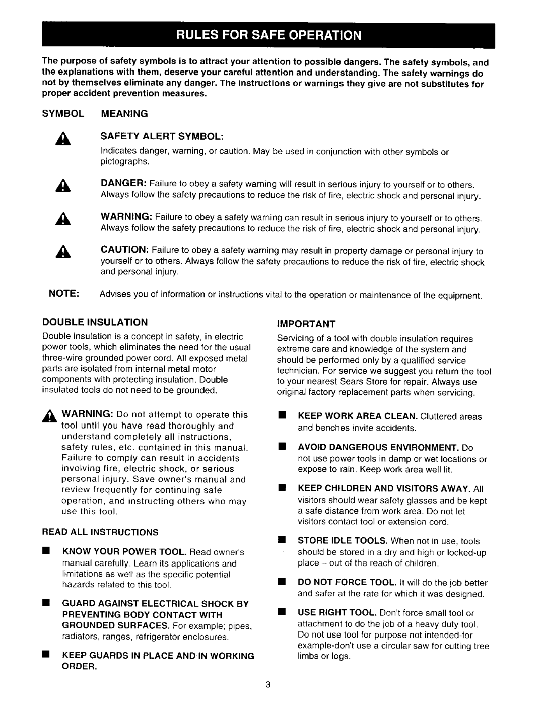 Craftsman 315.116211 owner manual Symbol Meaning Safety Alert Symbol, Double Insulation, Read ALL Instructions 