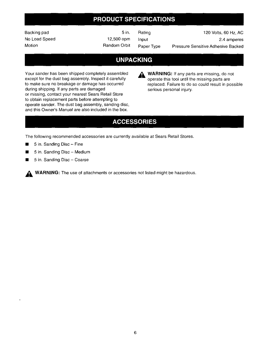 Craftsman 315.116211 owner manual If any parts Are missing Do not, Operate This Tool Until, Failure To do so could Result 