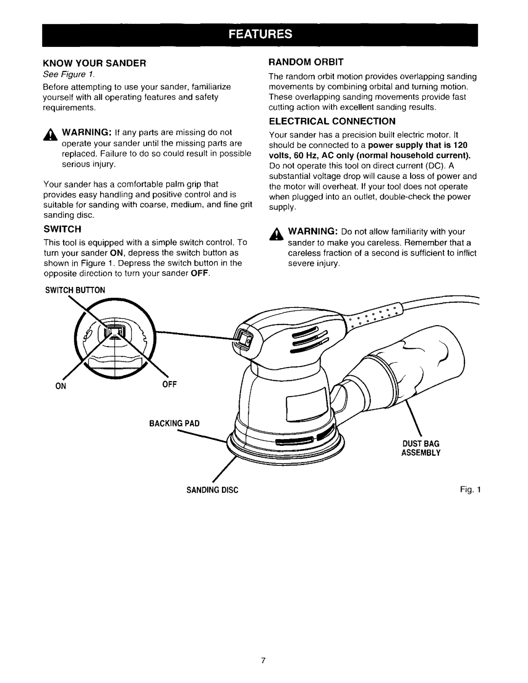 Craftsman 315.116211 owner manual Know Your Sander, See Figure, Switchbutton Random Orbit, Electrical Connection 