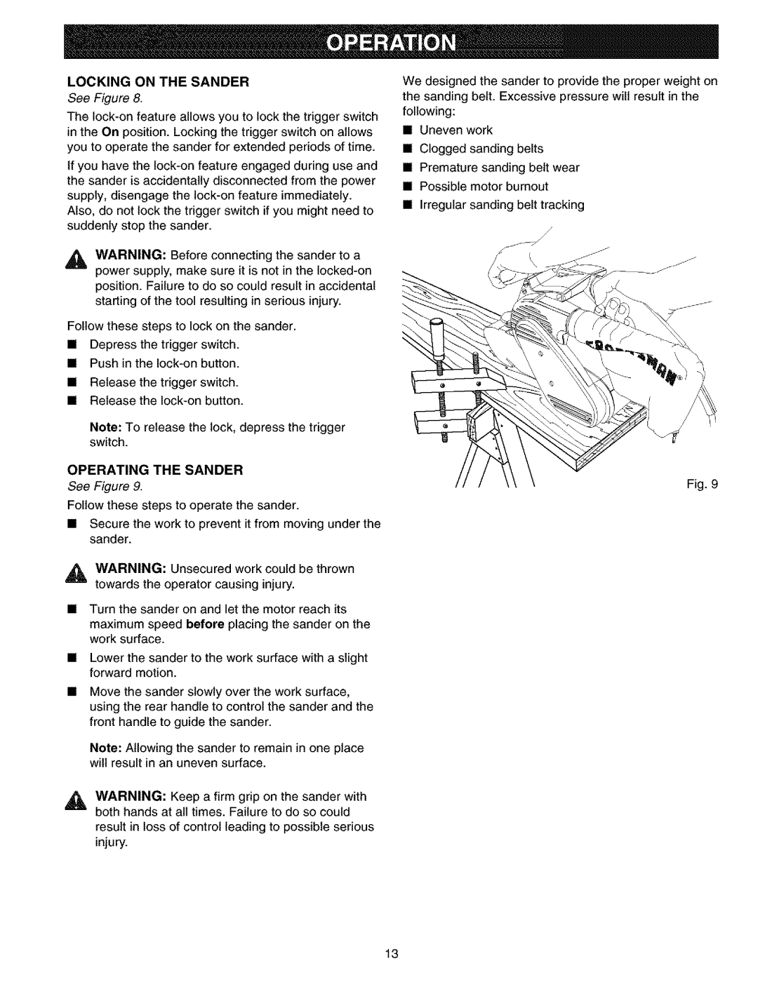 Craftsman 315.11726 manual Lockingonthe Sander 