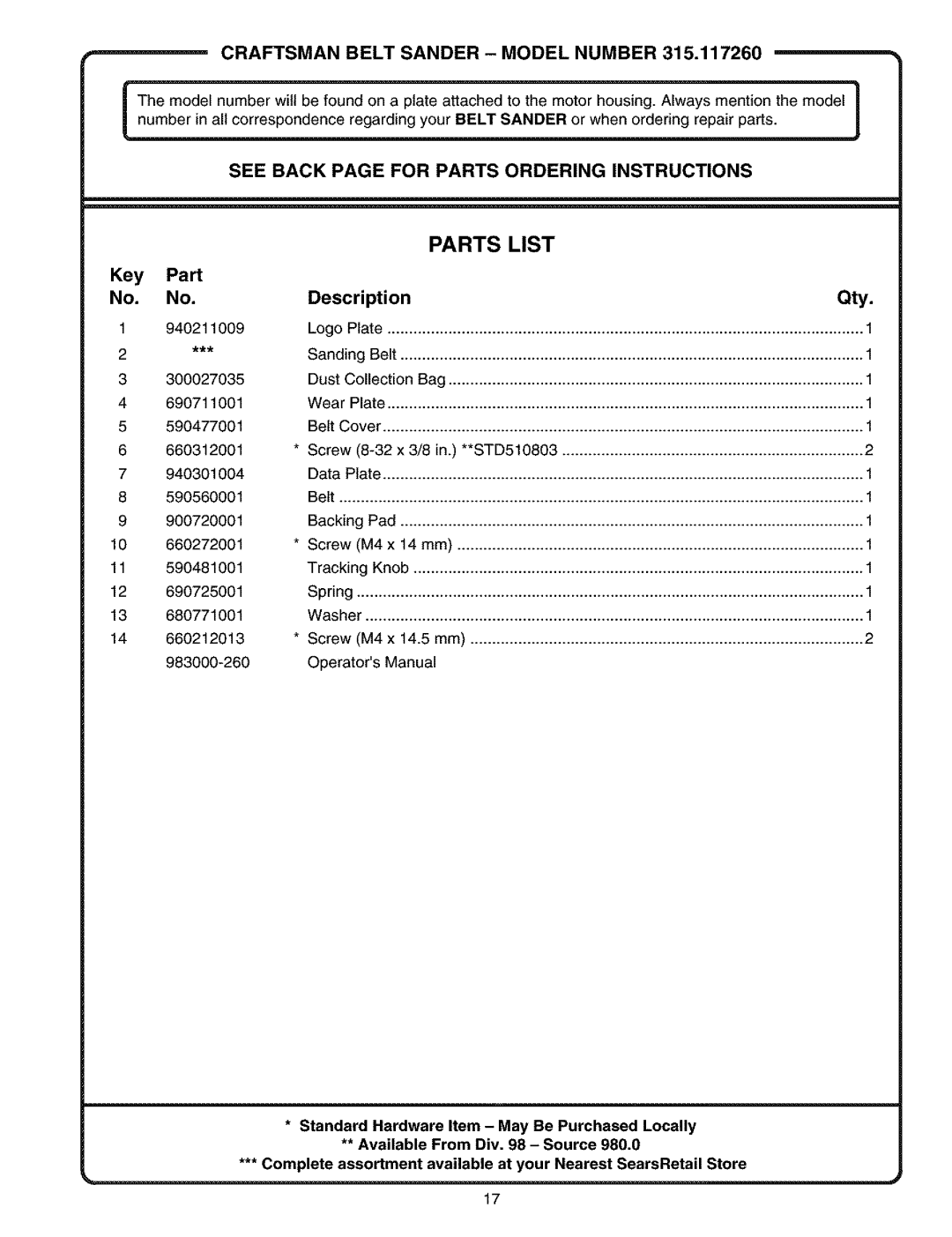 Craftsman 315.11726 manual Parts List 