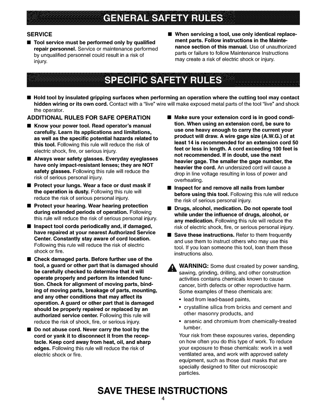 Craftsman 315.11726 manual Service, Additional Rules For Safe Operation, Away from, Edges 