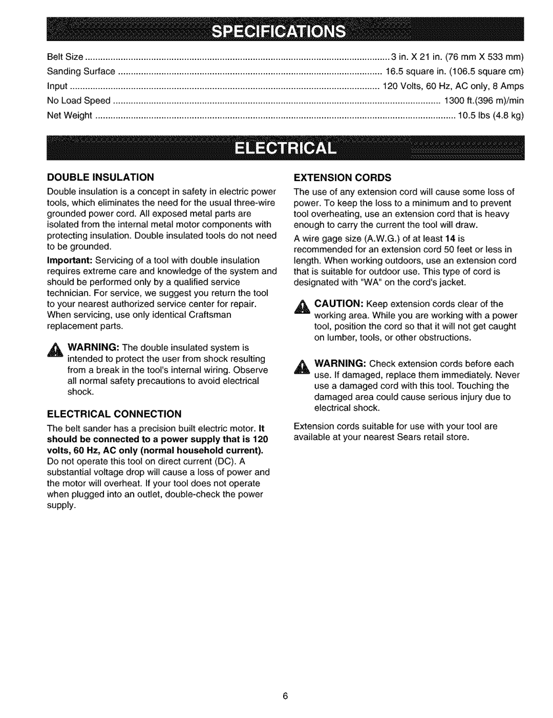 Craftsman 315.11726 manual Double Insulation Extension Cords, Electrical Connection 