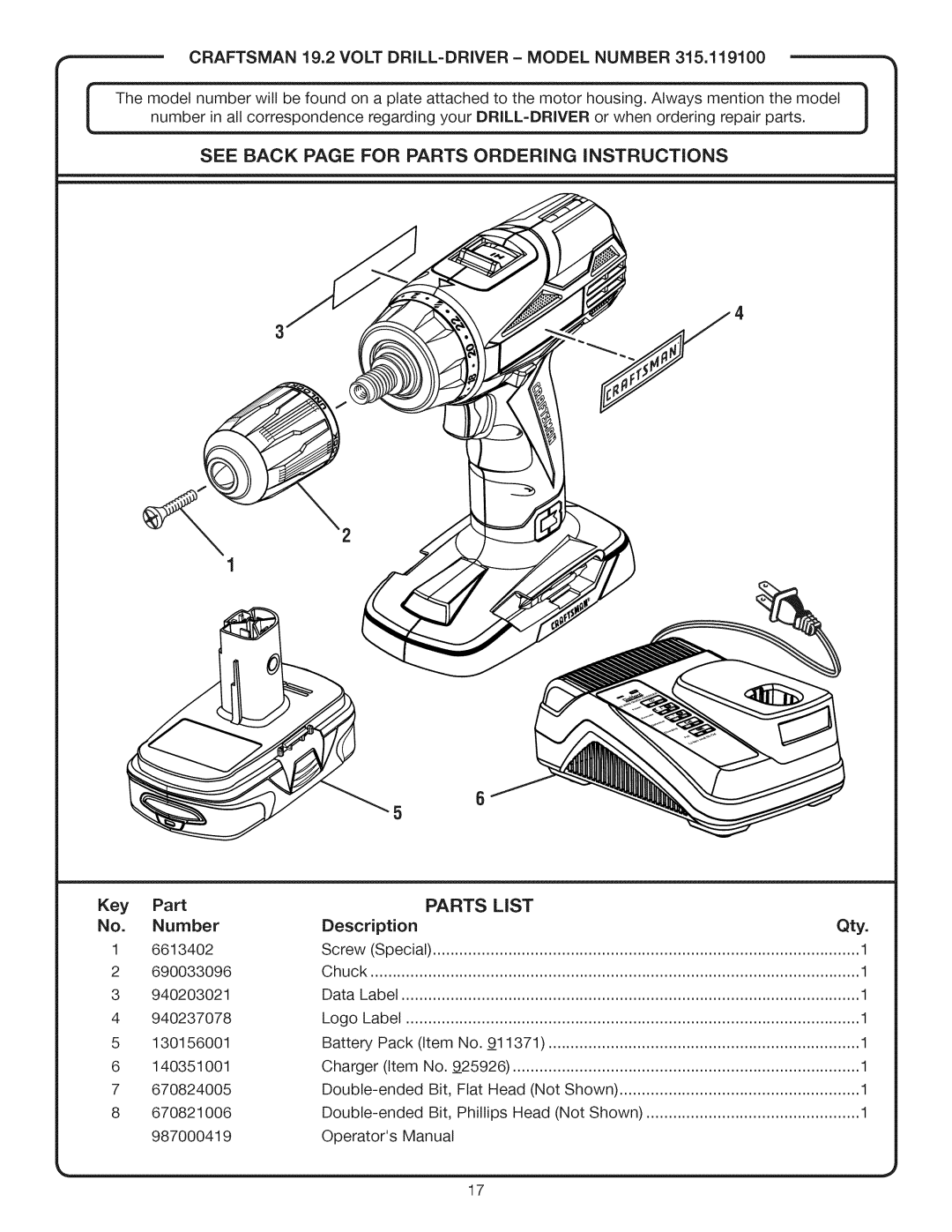 Craftsman 315.1191 manual Craftsman, Volt DRILL-DRIVER Model, Number 