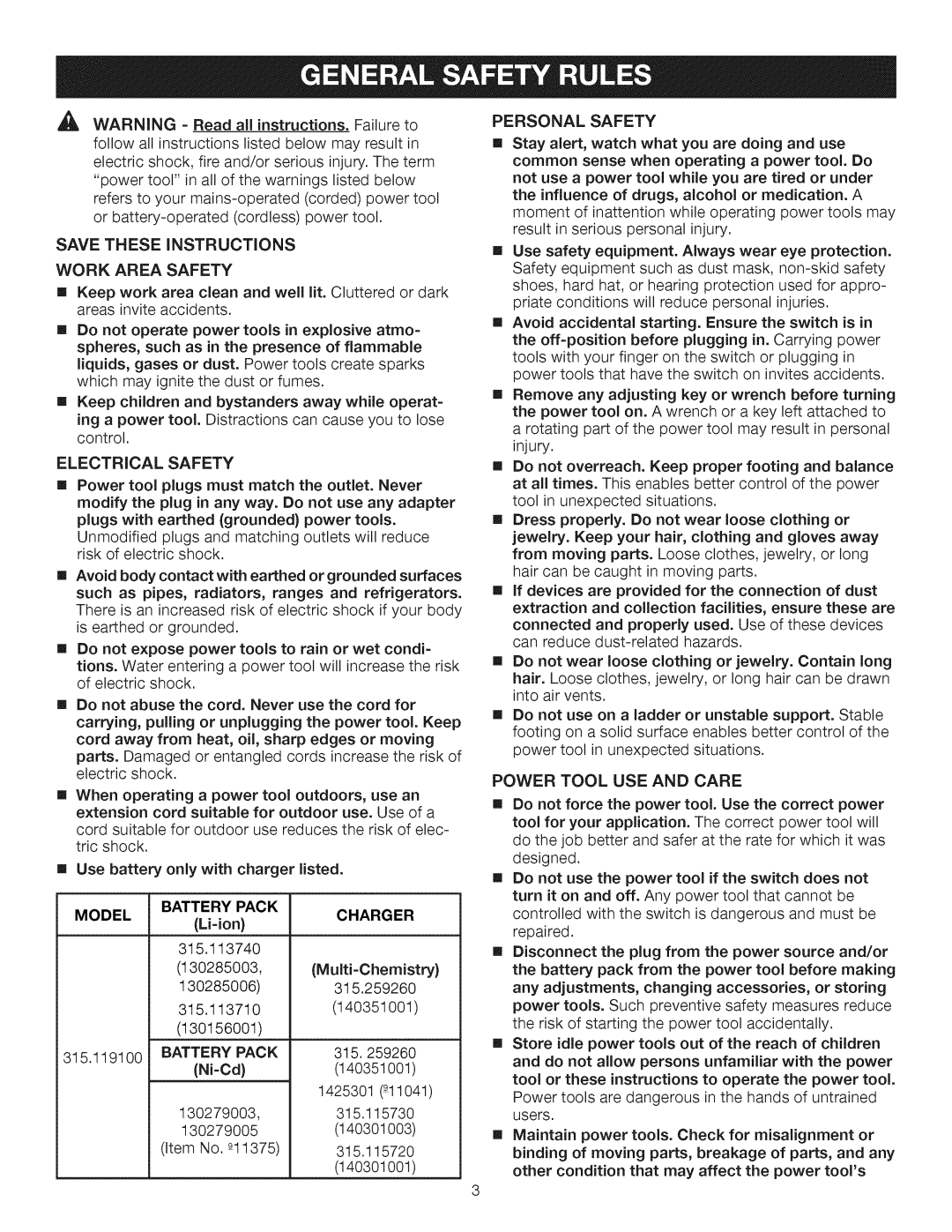 Craftsman 315.1191 manual Area, Model Battery Pack, Li-ion 