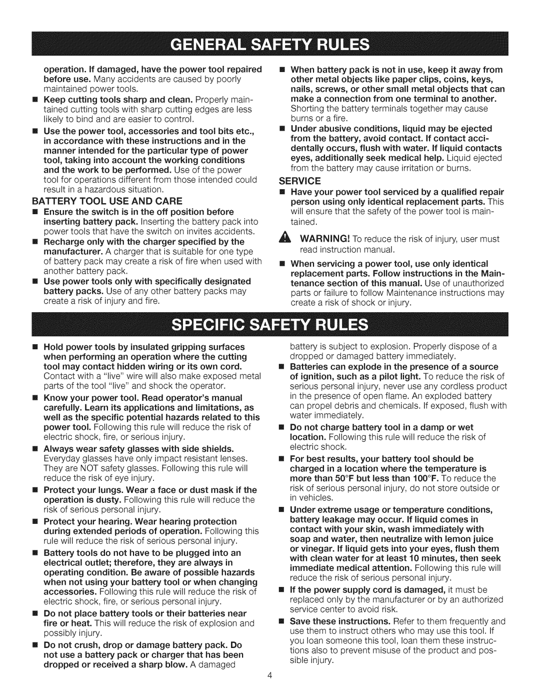 Craftsman 315.1191 manual Battery Tool USE and Care, Service 