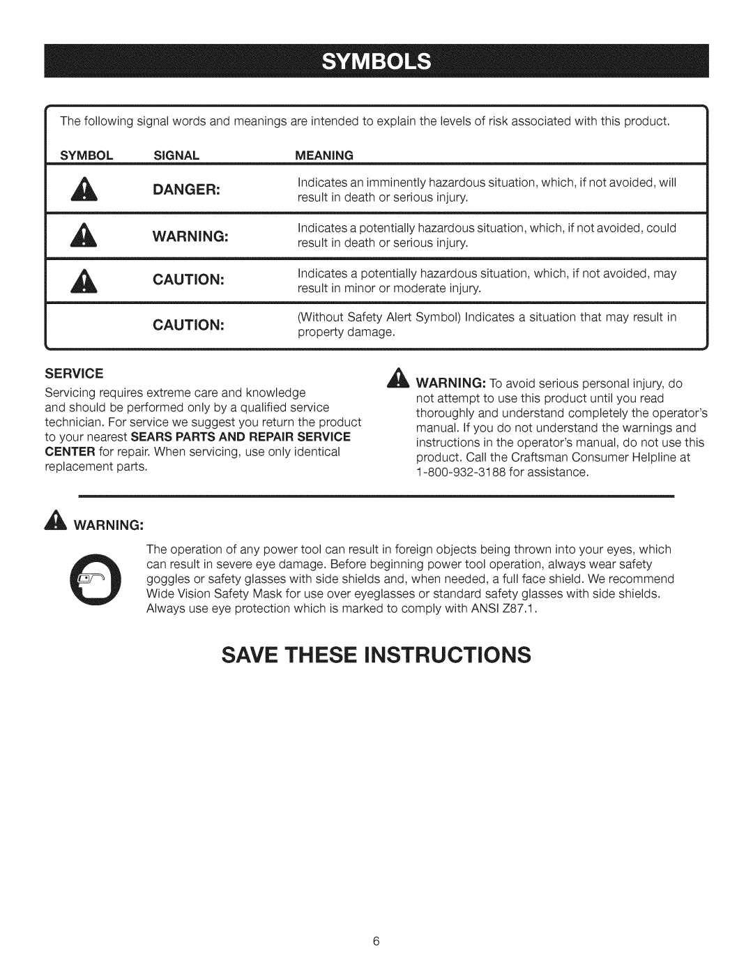 Craftsman 315.1191 manual Symbol Signal Meaning, To your nearest Sears Parts and Repair Service 