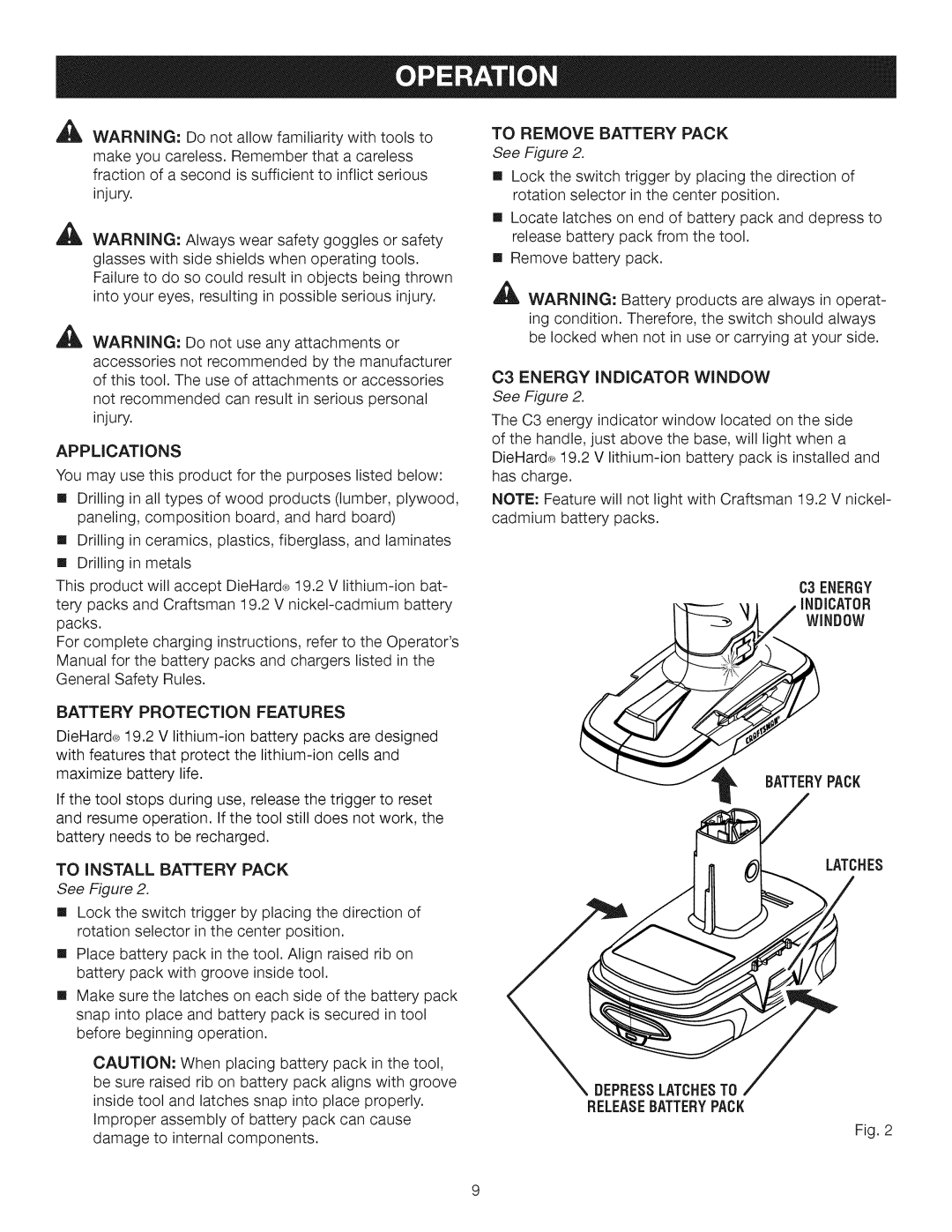 Craftsman 315.1191 Battery Protection Features, C3 Energy Indicator Window, Latches Depresslatchesto Releasebatterypack 