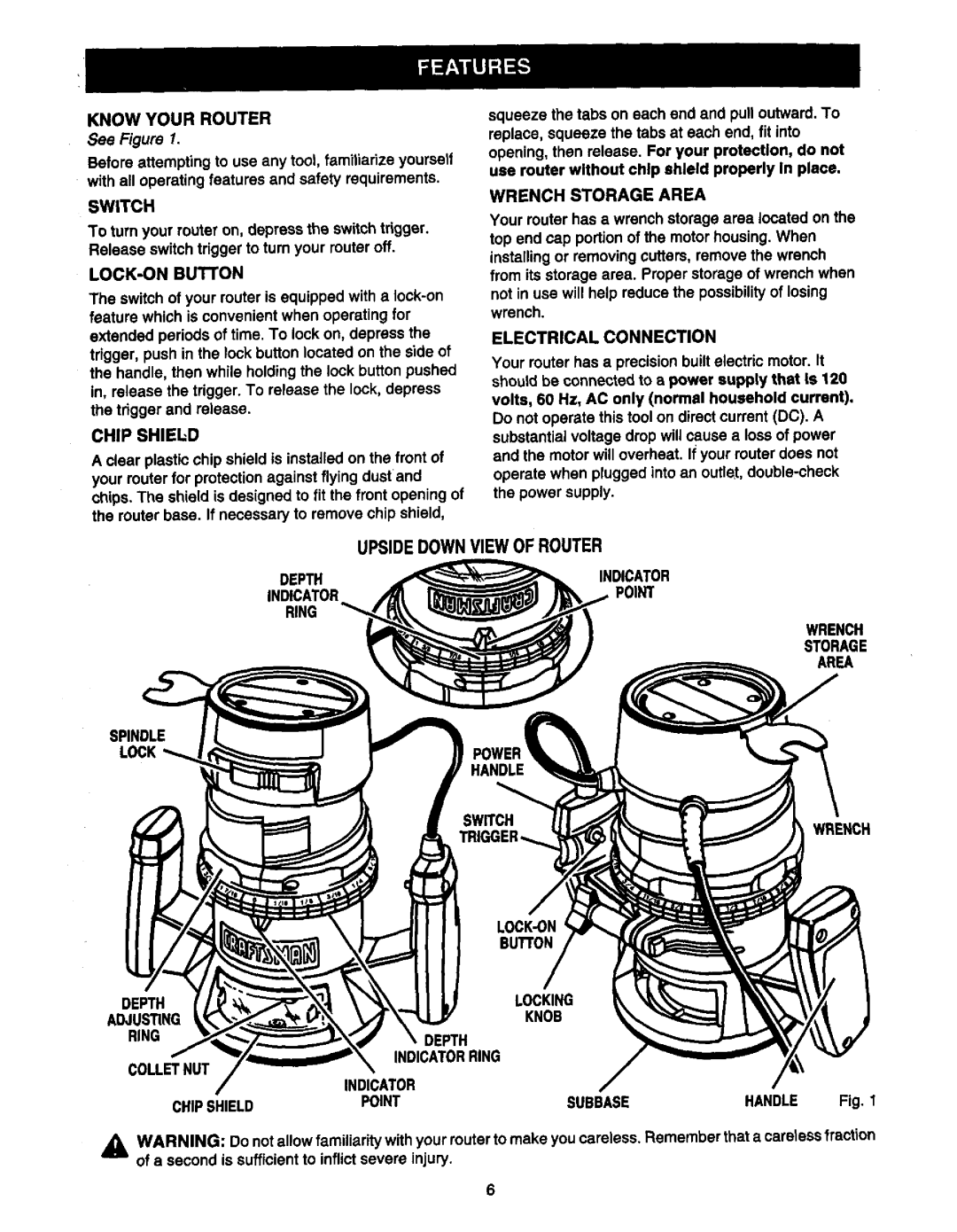 Craftsman 315.175 owner manual Switch, Chip Shield, LOCK-ON Button, Wrench Storage Area, Electrical Connection 