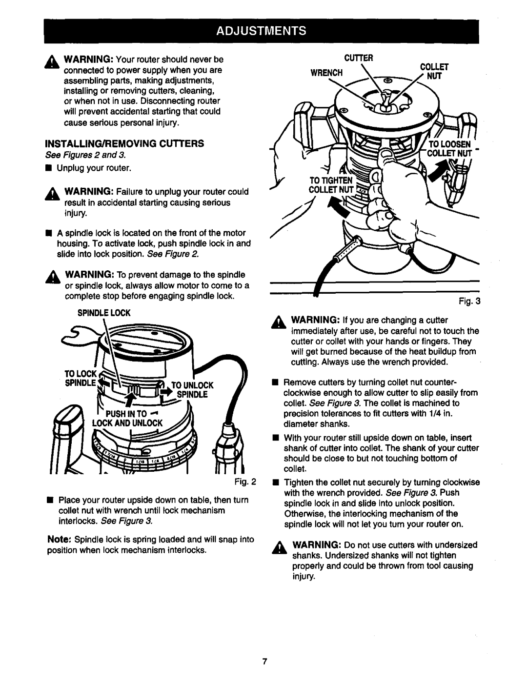 Craftsman 315.175 INSTALLING/REMOVING Cutters, See Figures 2, Cuifer Wrench Collet NUT To Loosen, Spindlelock To Lock 