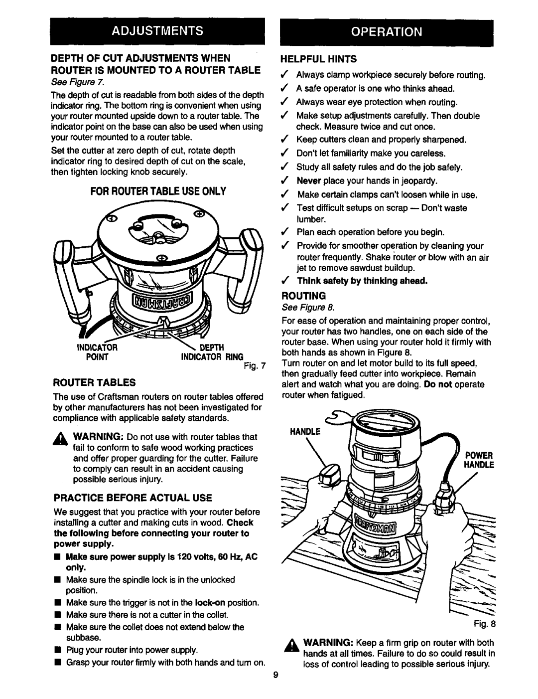 Craftsman 315.175 owner manual Indicatordepth, Router Tables, Practice Before Actual USE, Helpful Hints, Routing 