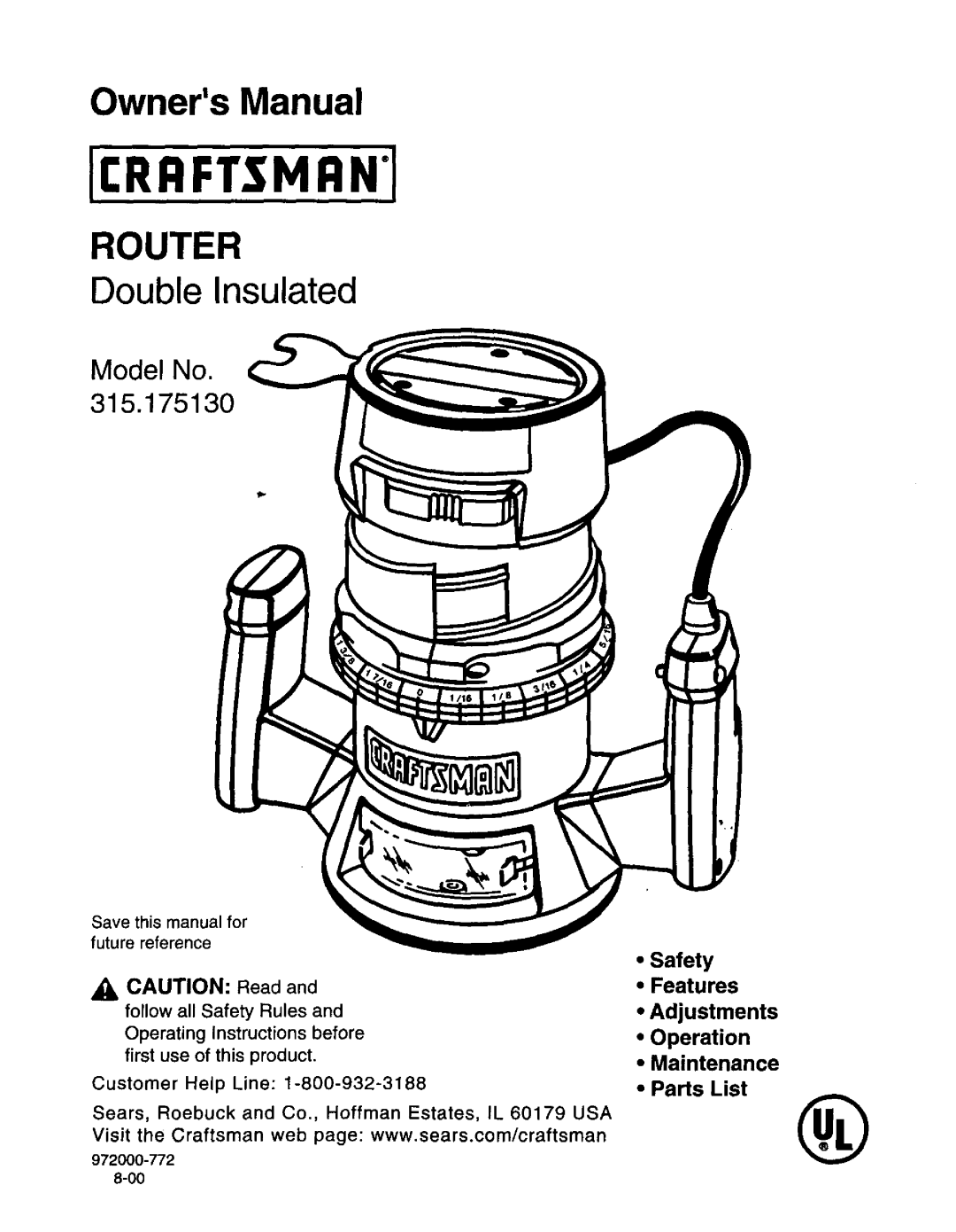 Craftsman 315.17513 owner manual Save This Manual For, Reference, 972000-772 