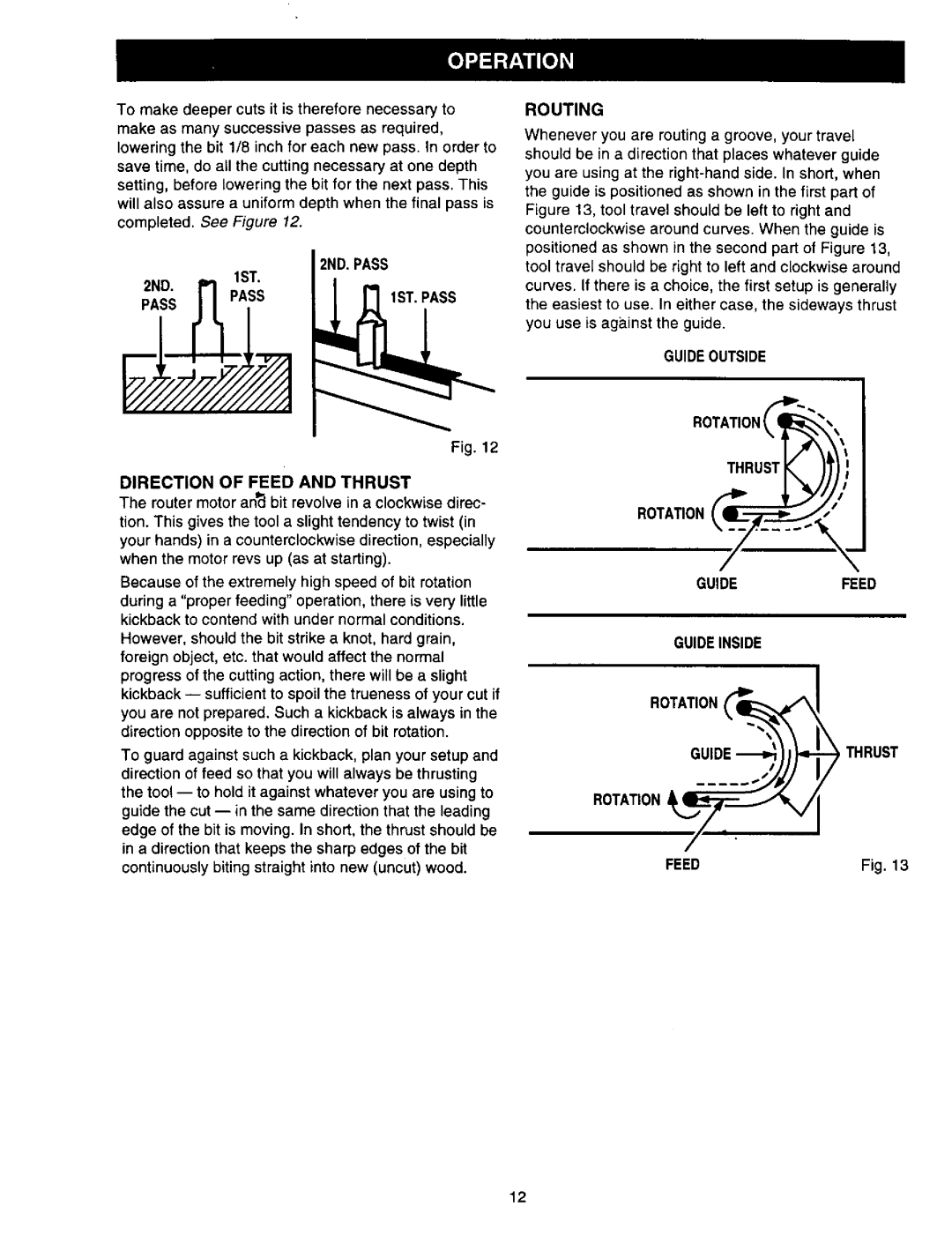 Craftsman 315.17513 owner manual Routing, 2ND. Pass, Guideoutside Direction of Feed and Thrust, Rotation 