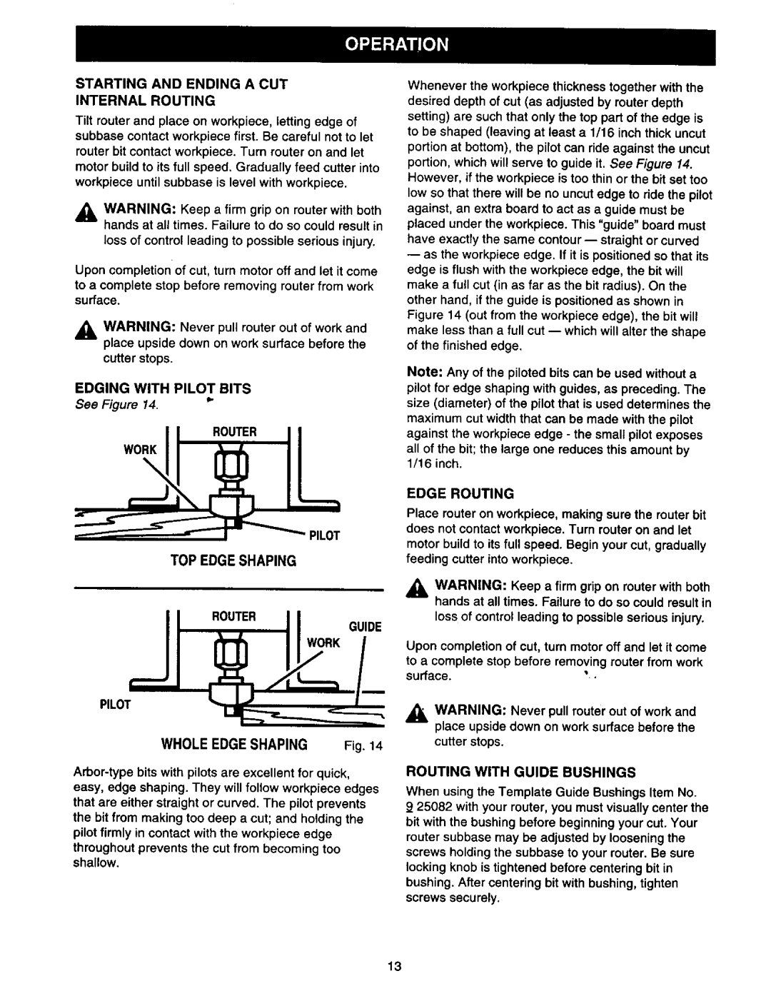 Craftsman 315.17513 owner manual TOP Edge Shaping, Routing with Guide Bushings 