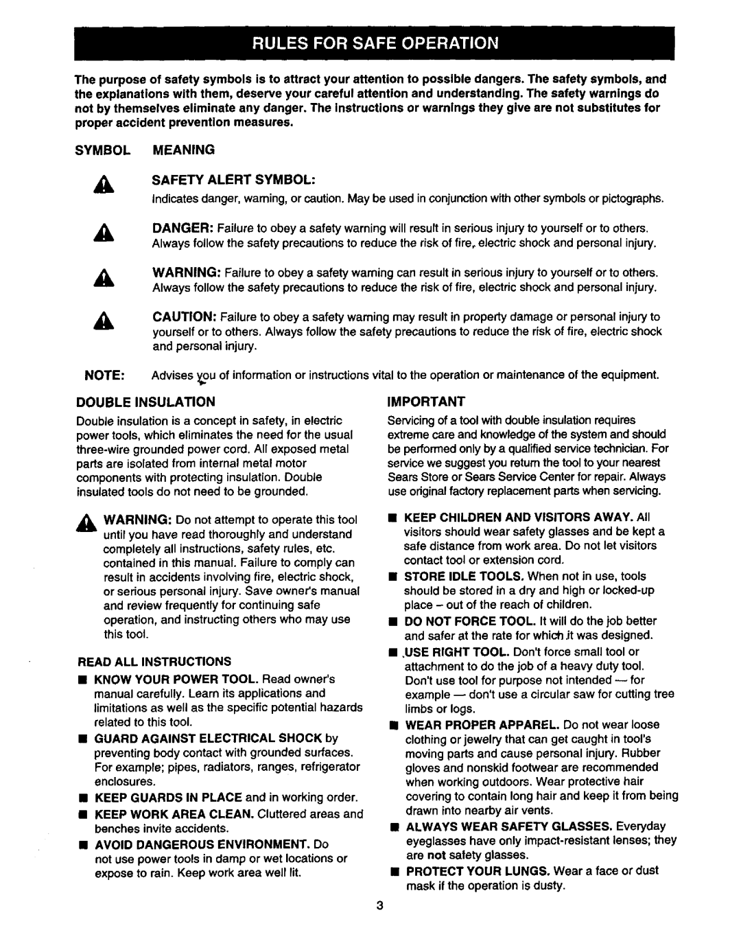 Craftsman 315.17513 Symbol Meaning Safety Alert, Double Insulation, Read ALL Instructions, Know Your Power, Keep Work Area 