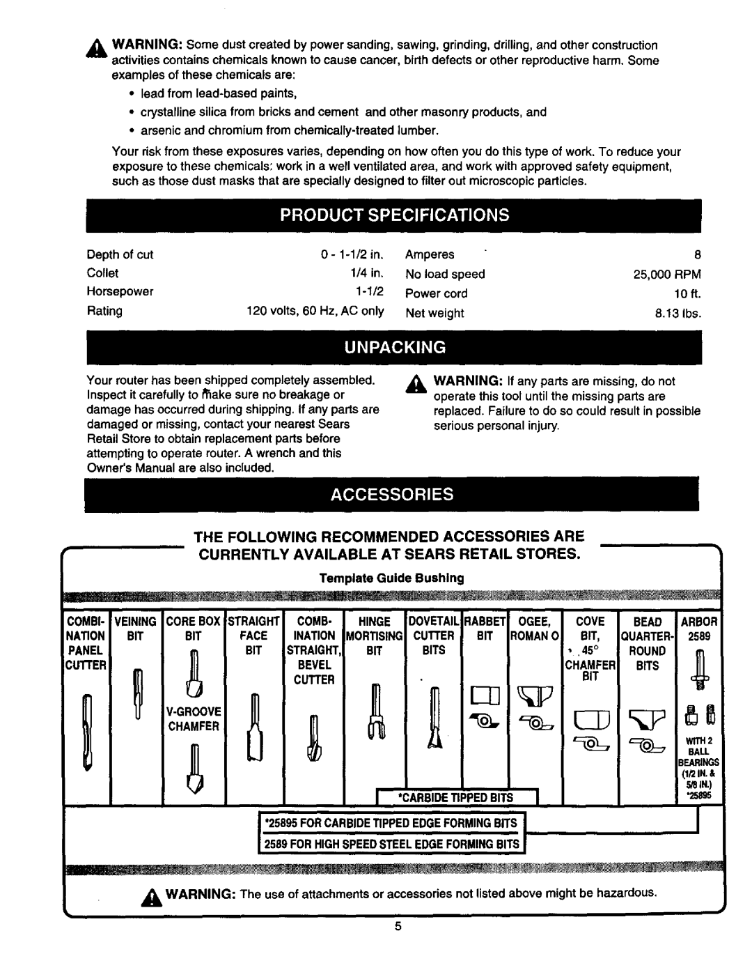 Craftsman 315.17513 owner manual Panel BIT Straight Bits, Bevel Chamfer Bits, BIT Round 