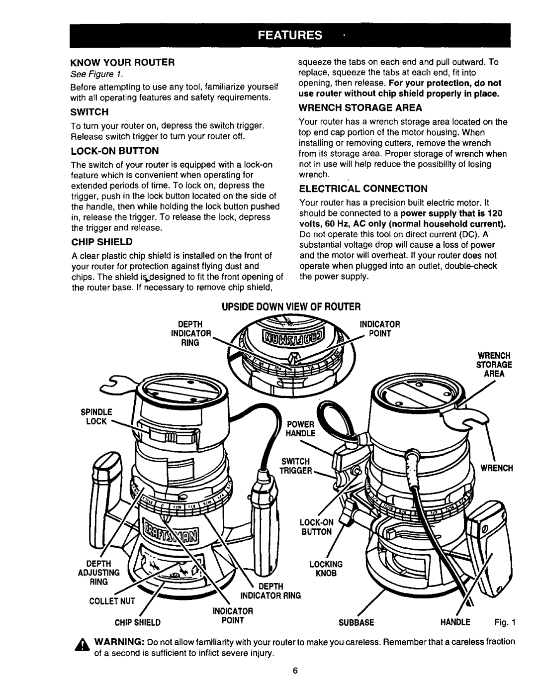 Craftsman 315.17513 owner manual LOCK-ON Button, Upside Down View of Router 