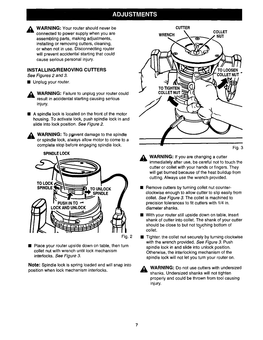 Craftsman 315.17513 owner manual INSTALLING/REMOVING Cutters, Collet Wrench To Loosen, Spindlelock 