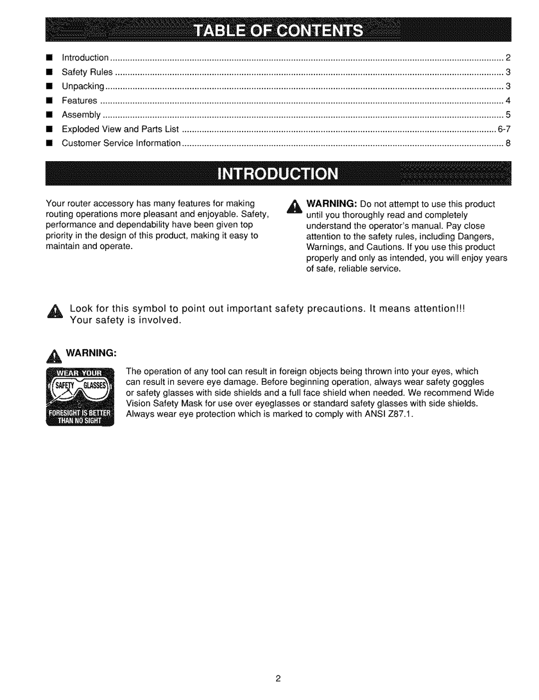 Craftsman 315.175320 operating instructions Introduction SafetyRules Unpacking Features Assembly 