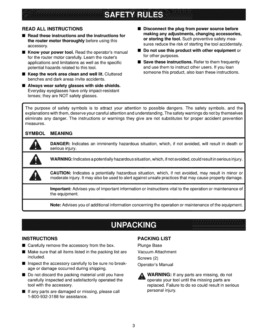 Craftsman 315.175320 operating instructions Read ALL Instructions, Symbol Meaning, Packing List 