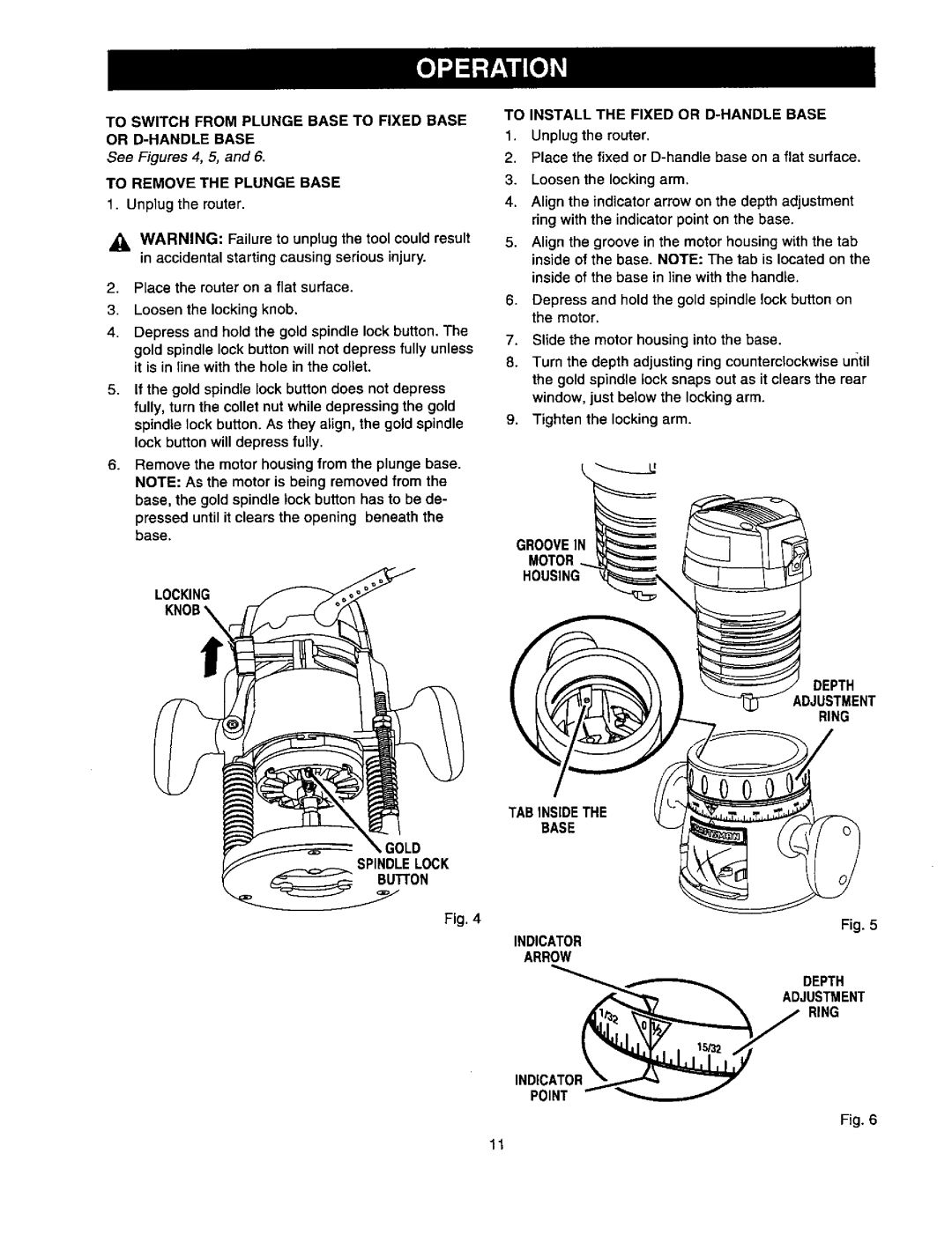 Craftsman 315.175341 To Switch from Plunge Base to Fixed Base or D-HANDLE Base, To Remove the Plunge Base, Gold 