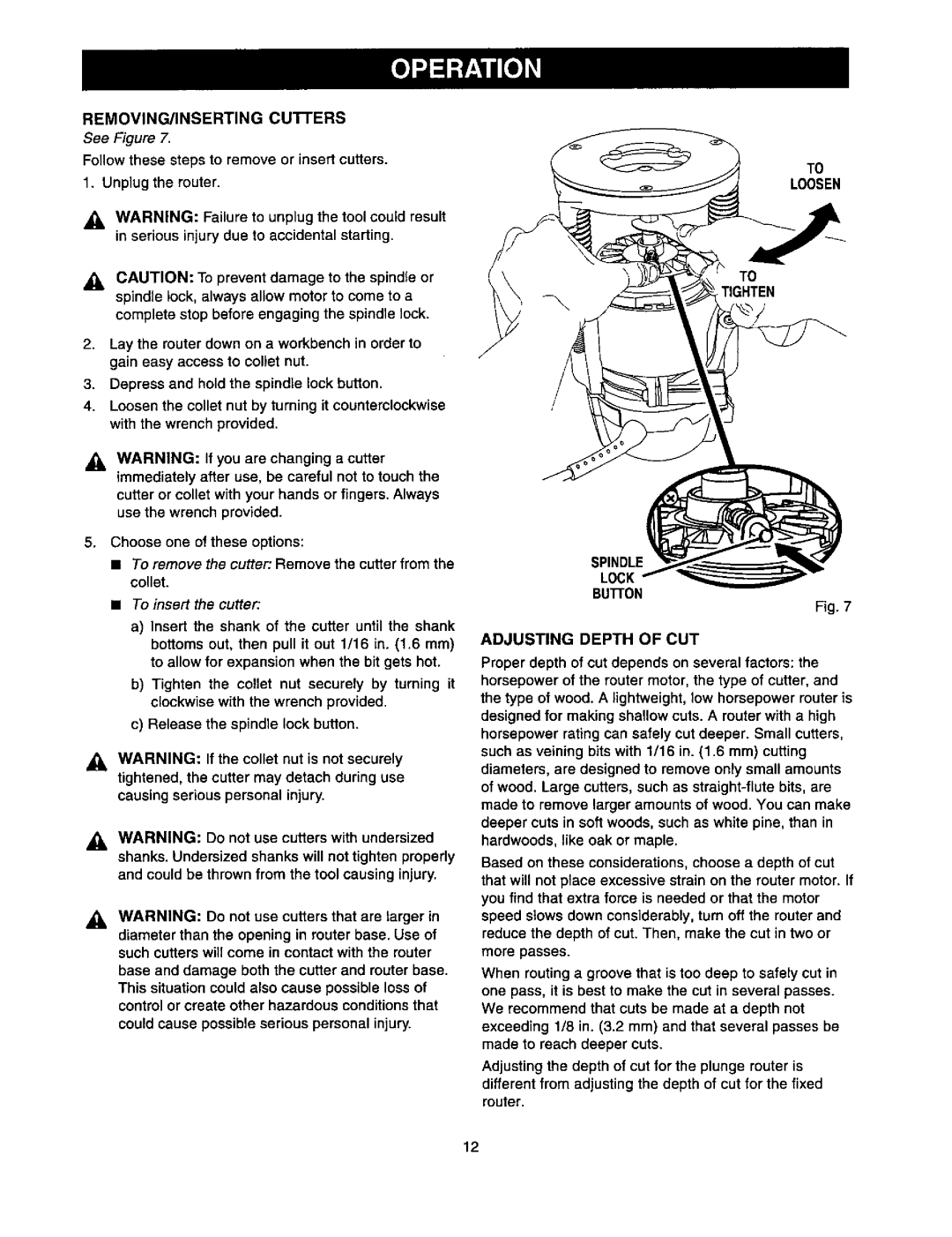 Craftsman 315.175341 REMOVING/INSERTING cunERS, To remove the cutter Remove the cutter from the collet, Tighten 