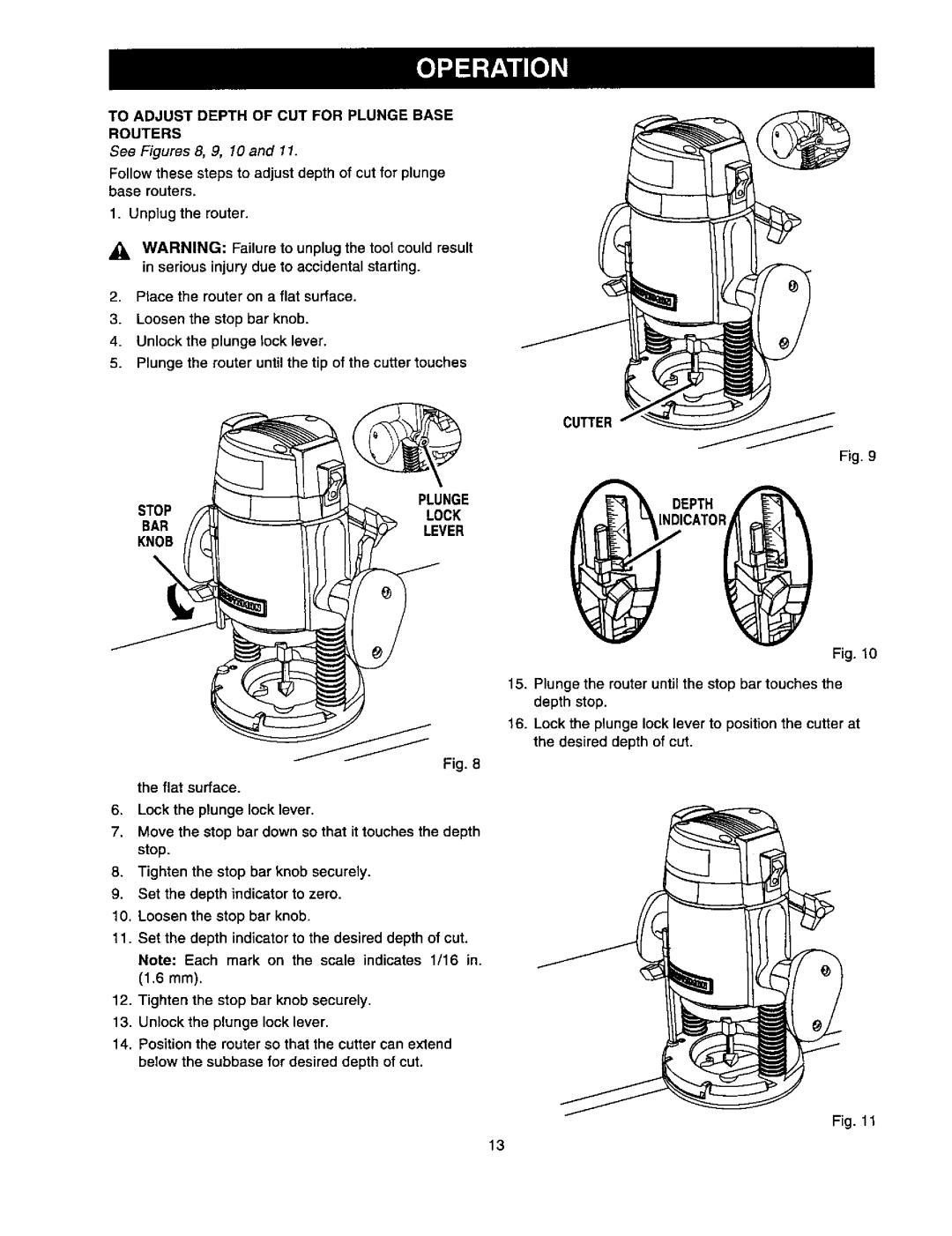 Craftsman 315.175341 operating instructions Stop Plunge Lock BAR Lever Knob, Lock the plunge lock lever, Cutter 