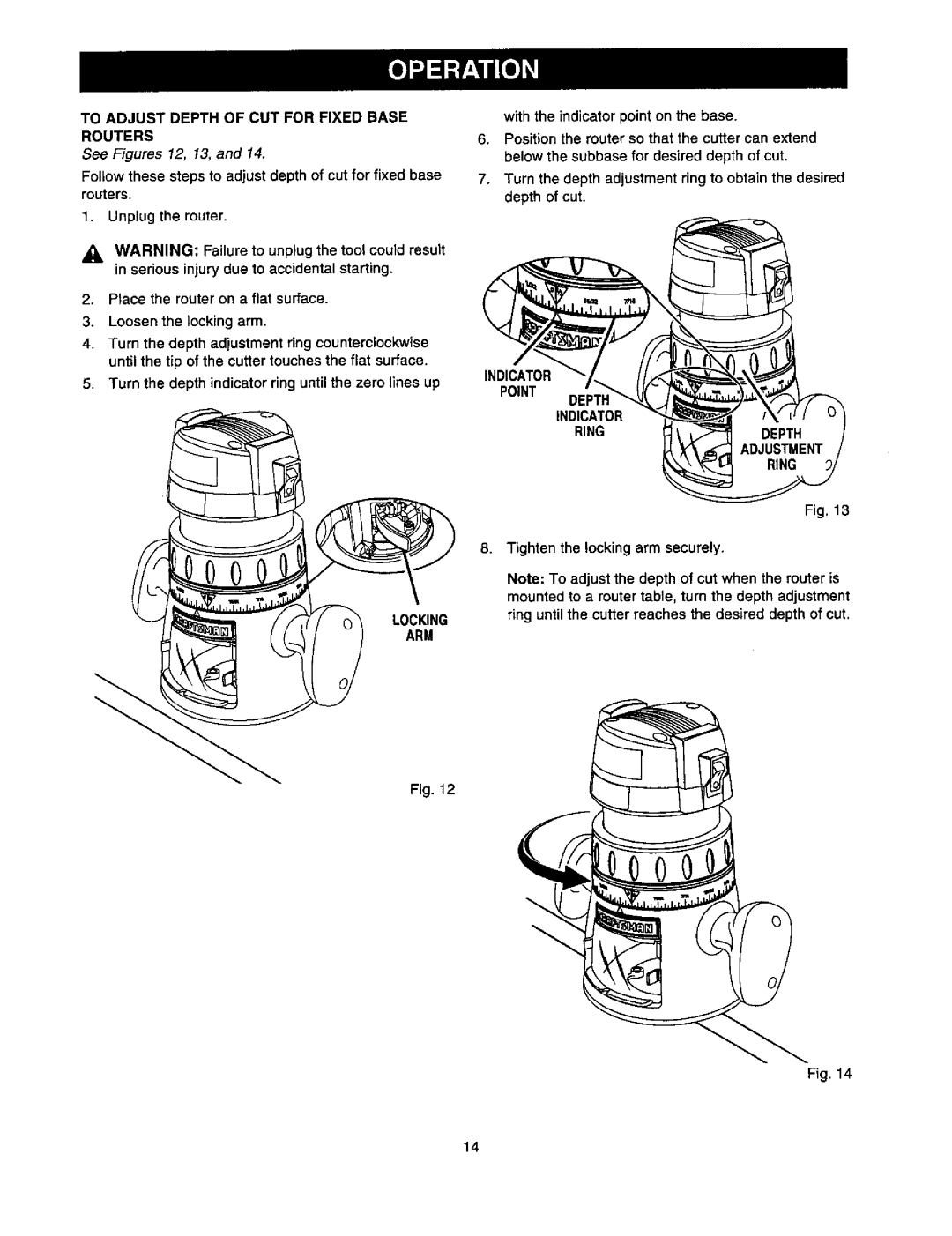 Craftsman 315.175341 operating instructions To Adjust Depth of CUT for Fixed Base Routers, Locking ARM, Point Ring 